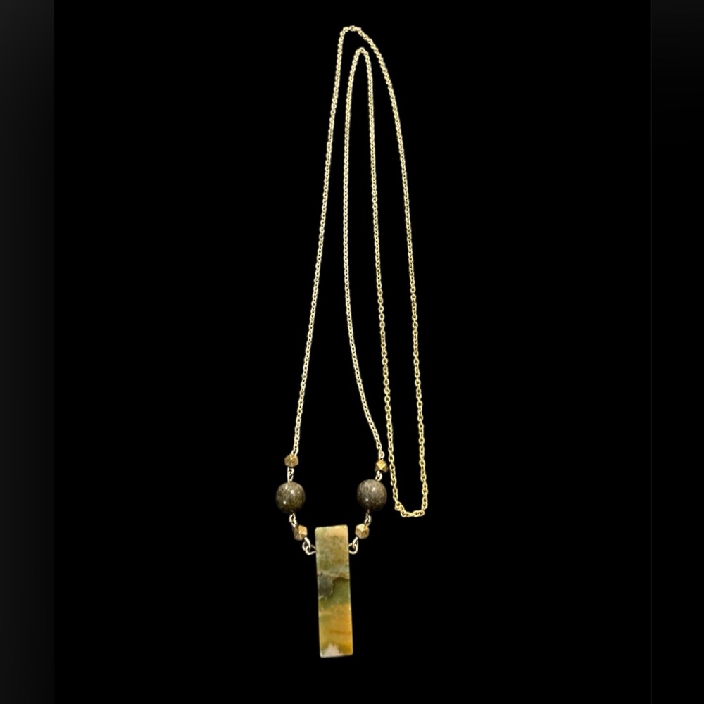 Vintage natural green stone & balls pendant on silver long necklace
